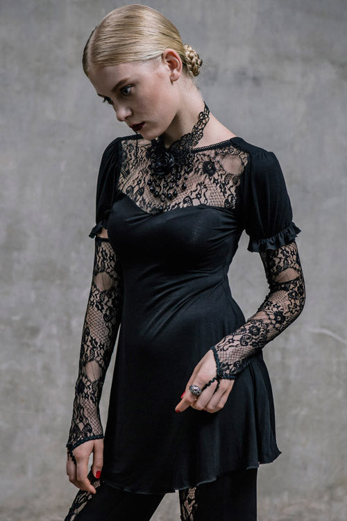Black Sexy Mid-Length Patterned Lace Modal Women Gothic T-Shirt With Necklace - Product - 3