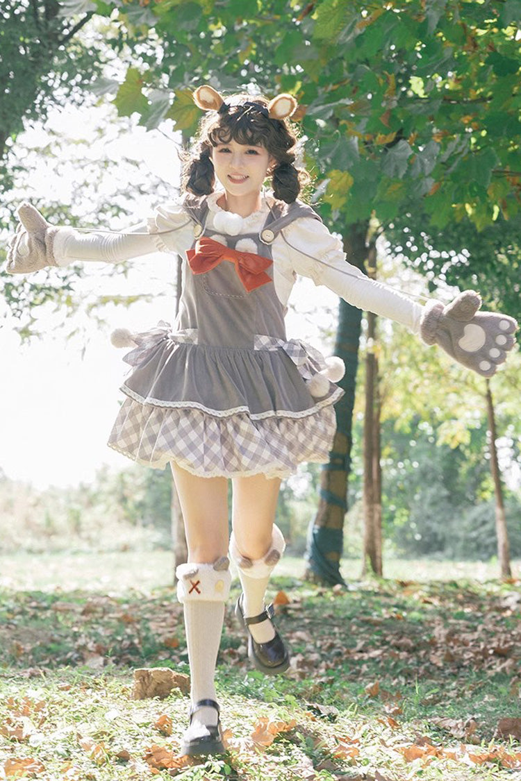 Grey Cute Grizzly Bear Plaid Print Bowknot Sweet Lolita Jsk Dress - Product - 7