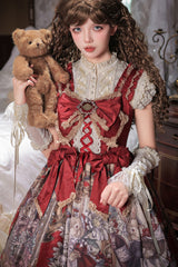 Red [Mystery Bunny] Sleeveless Jacquard Printed Ruffled Bow Lace Classic Lolita Jsk Dress Set - Product - 11