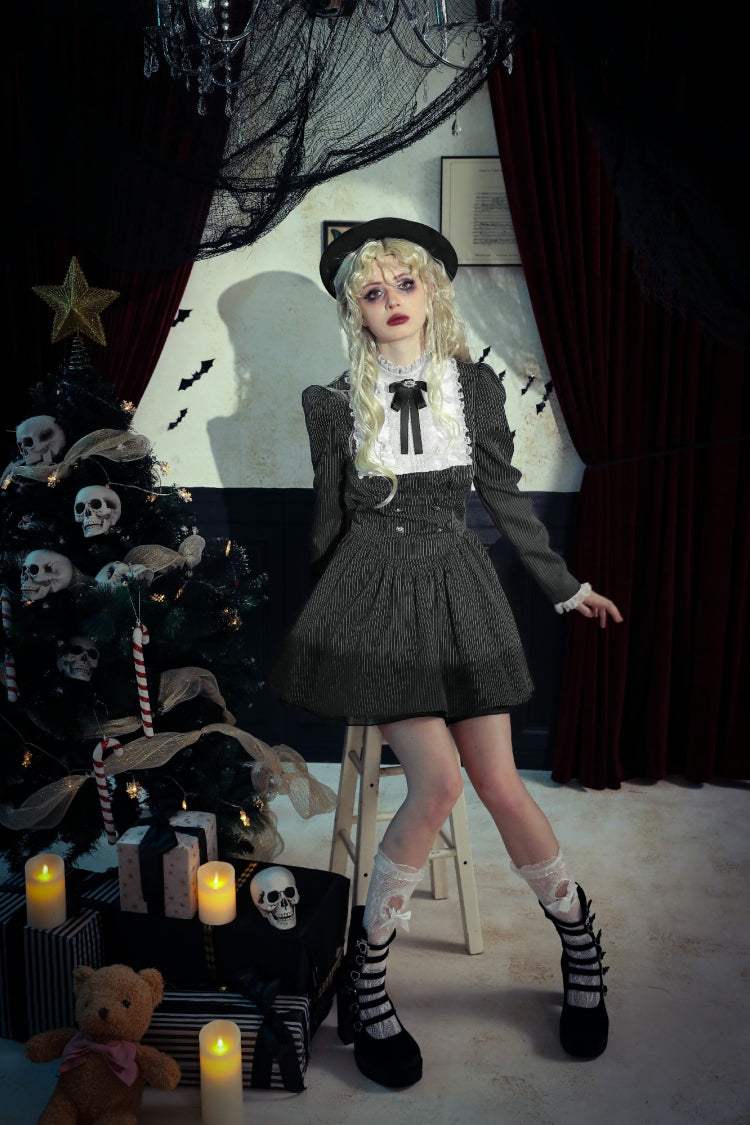 Black/White Striped Ruffled Lace Stand Collar Bow Long Sleeves Lace-Up Women's Gothic Lolita Graduation Dress - Product - 13