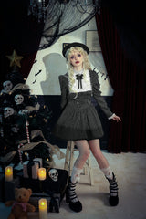 Black/White Striped Ruffled Lace Stand Collar Bow Long Sleeves Lace-Up Women's Gothic Lolita Graduation Dress - Product - 13