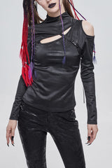 Black Punk Stretch Knitted Fabric Chest Cutout Design Buckle Strap Decoration Long Sleeve Women's Shirt - Black - 1