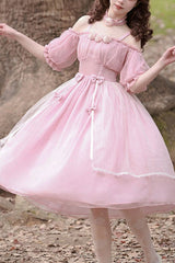 Boat Neck Bubble Short Sleeve Flower Embellished High Waisted Sweet Lolita Dress - Pink - 1
