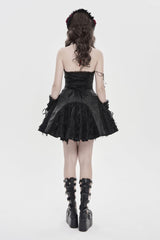Black Off Shoulder Sleeveless Printed Spliced Lace Lace-Up Pleated Women's Gothic Dress - Product - 3