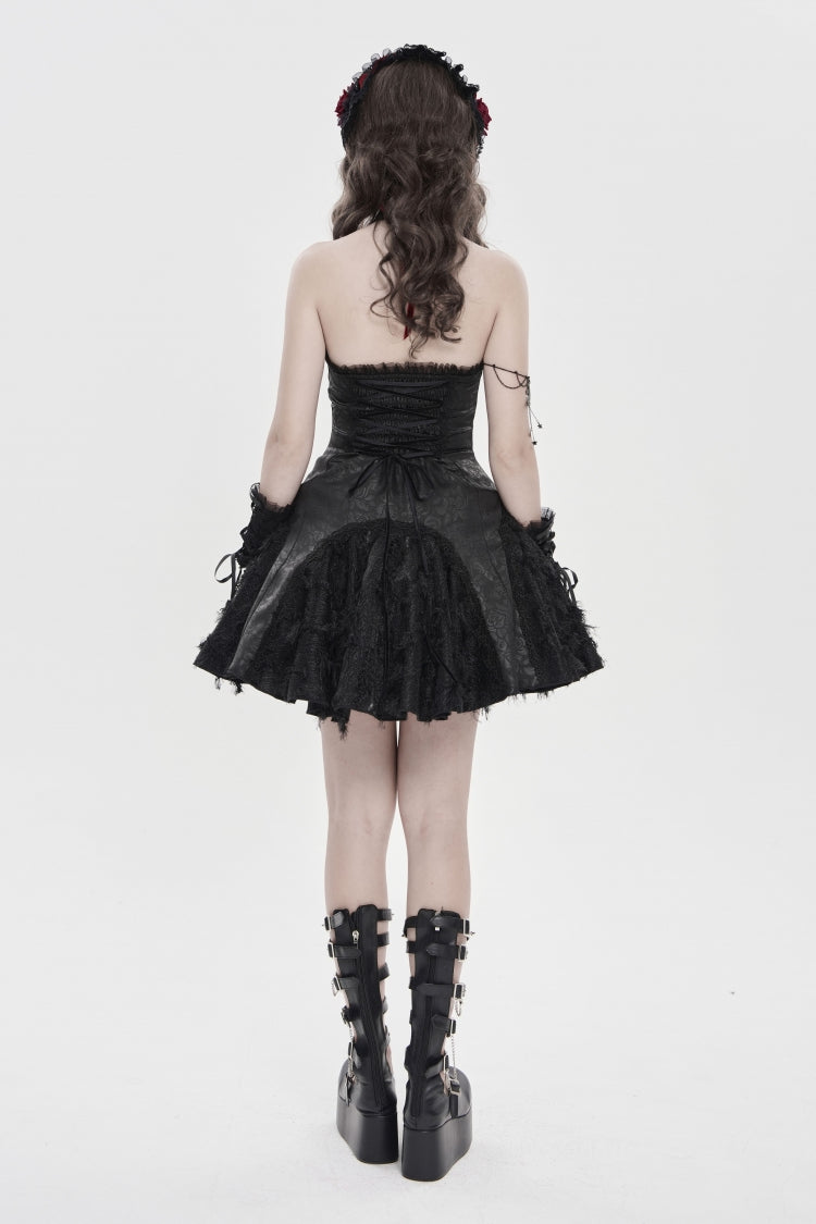 Black Off Shoulder Sleeveless Printed Spliced Lace Lace-Up Pleated Women's Gothic Dress - Product - 3