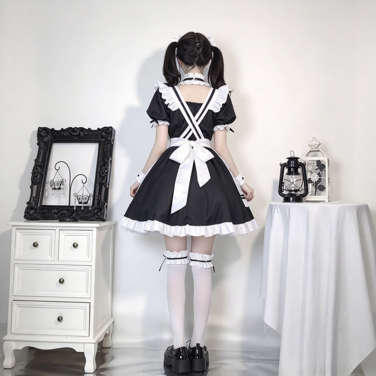 Pink and Black Ruffled Maid Lolita Dress with Apron Bow Accent - view 8