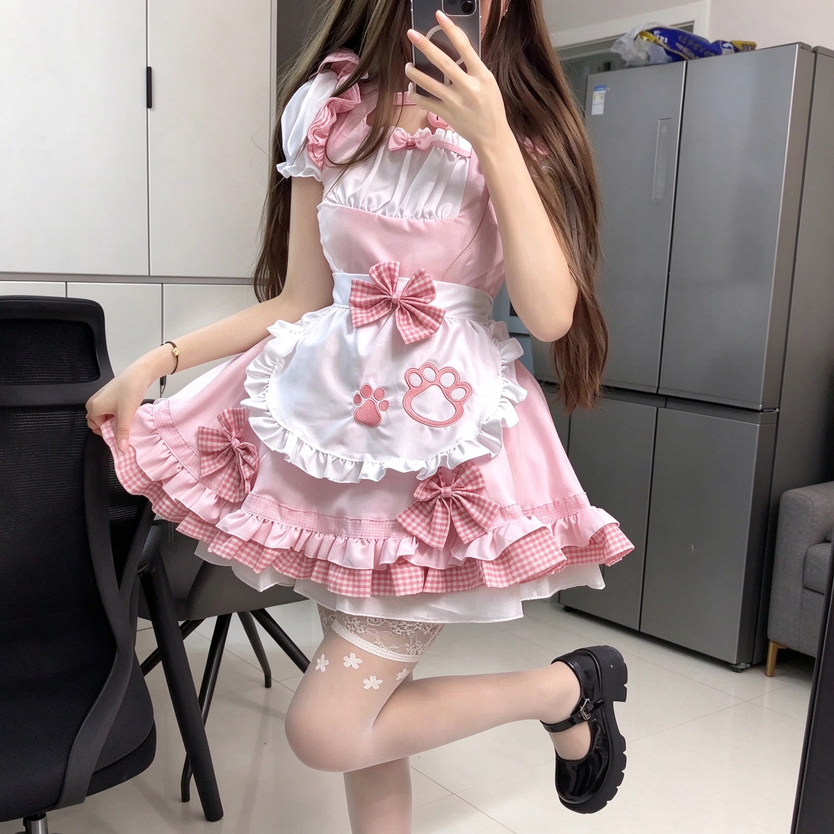Black and Pink Ruffled Maid Lolita Dress with Paw Print Apron Accent - view 2