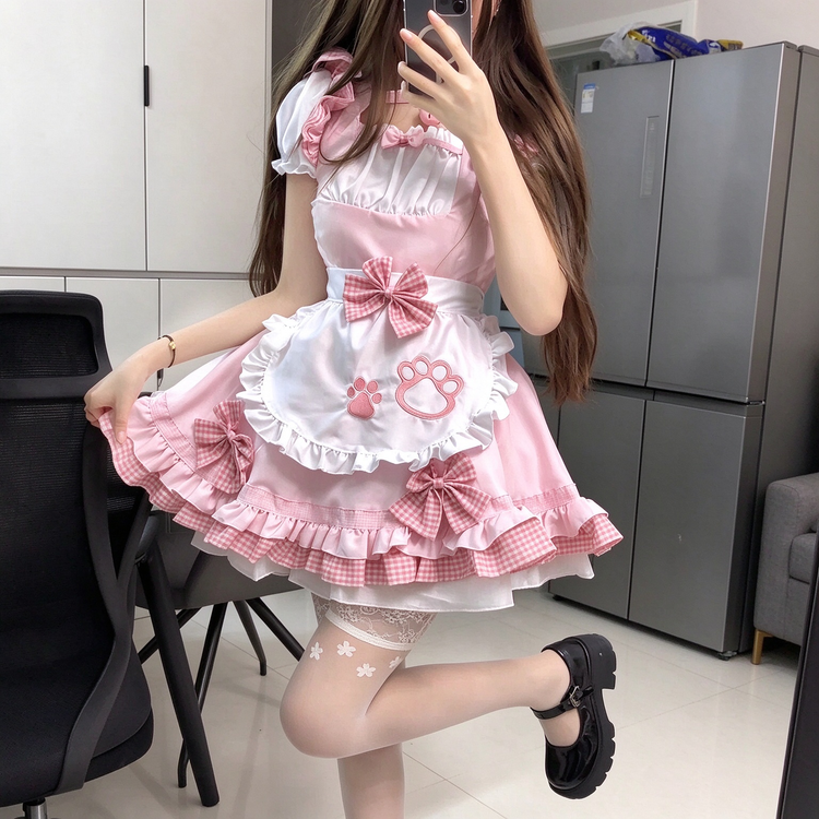 Black and Pink Ruffled Maid Lolita Dress with Paw Print Apron Accent - view 2