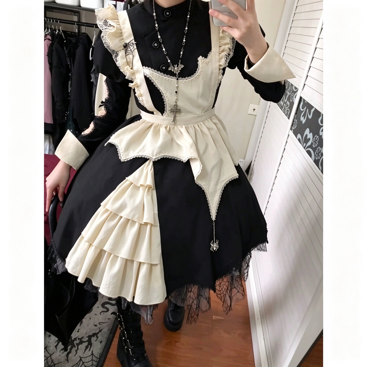 Black and Off-White Gothic Maid Style Dress Set with Apron and Accessories - view 6