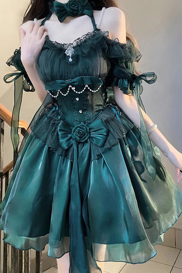 Green Midsummer Dream Short Sleeves Ruffle Hanayome Off-The-Shoulder Gothic Short Lolita Dress - Green - 1