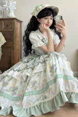 [Blueberry Early Summer] Sleeveless Triple-Layered Print Ruffle Bowknot Lace Sweet Lolita Jsk Dress 2 Colors - Product - 9