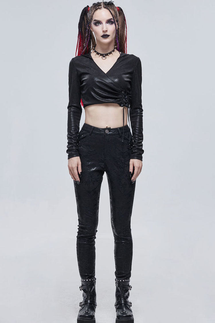 Black Punk Knitted Over Glue Metal Buckle Decoration Elasticity Leather Women's Leggings - Product - 5
