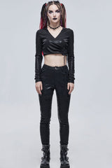Black Punk Knitted Over Glue Metal Buckle Decoration Elasticity Leather Women's Leggings - Product - 5
