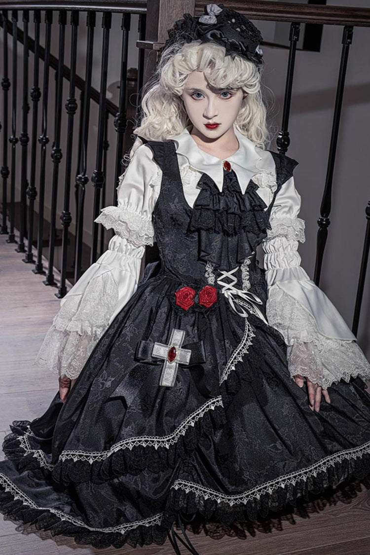 Black [Night Rose] Ruffle Bowknot Lace-Up Short Front and Long Back Gothic Gorgeous Lolita Jsk Dress - Product - 6