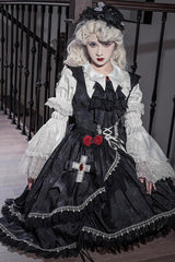 Black [Night Rose] Ruffle Bowknot Lace-Up Short Front and Long Back Gothic Gorgeous Lolita Jsk Dress - Product - 6