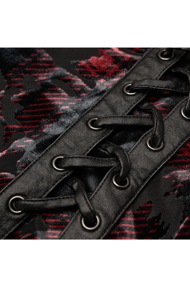 Red Plaid Plus Size Front Splice Imitation Leather Lace-Up Classic Printing Women's Punk Legging - Product - 9