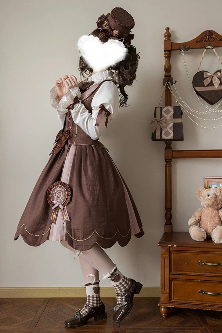 Brown [Teddy Chocolate Bar] Printed Embroidered Bow Lace-Up Classic Lolita Jsk Dress and Skirt - Product - 10