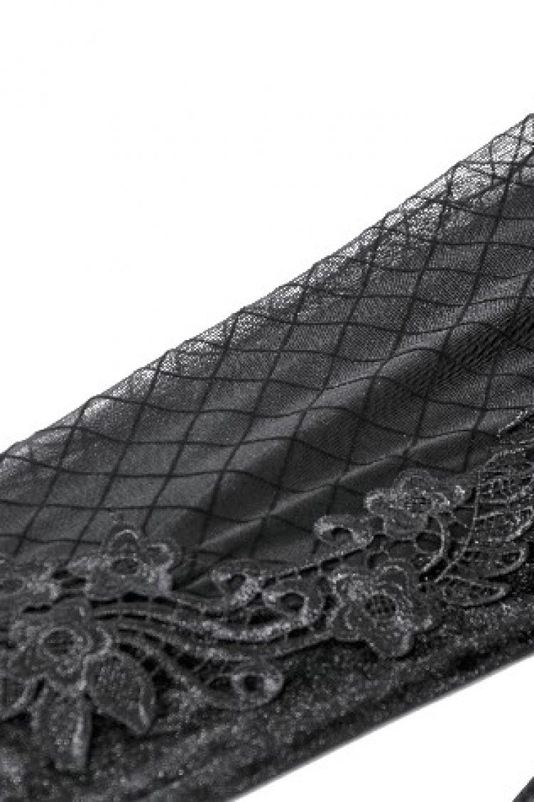 Black Women's Gothic Floral Decal Fishnet Mesh Patchwork Velvet Leggings - Product - 11