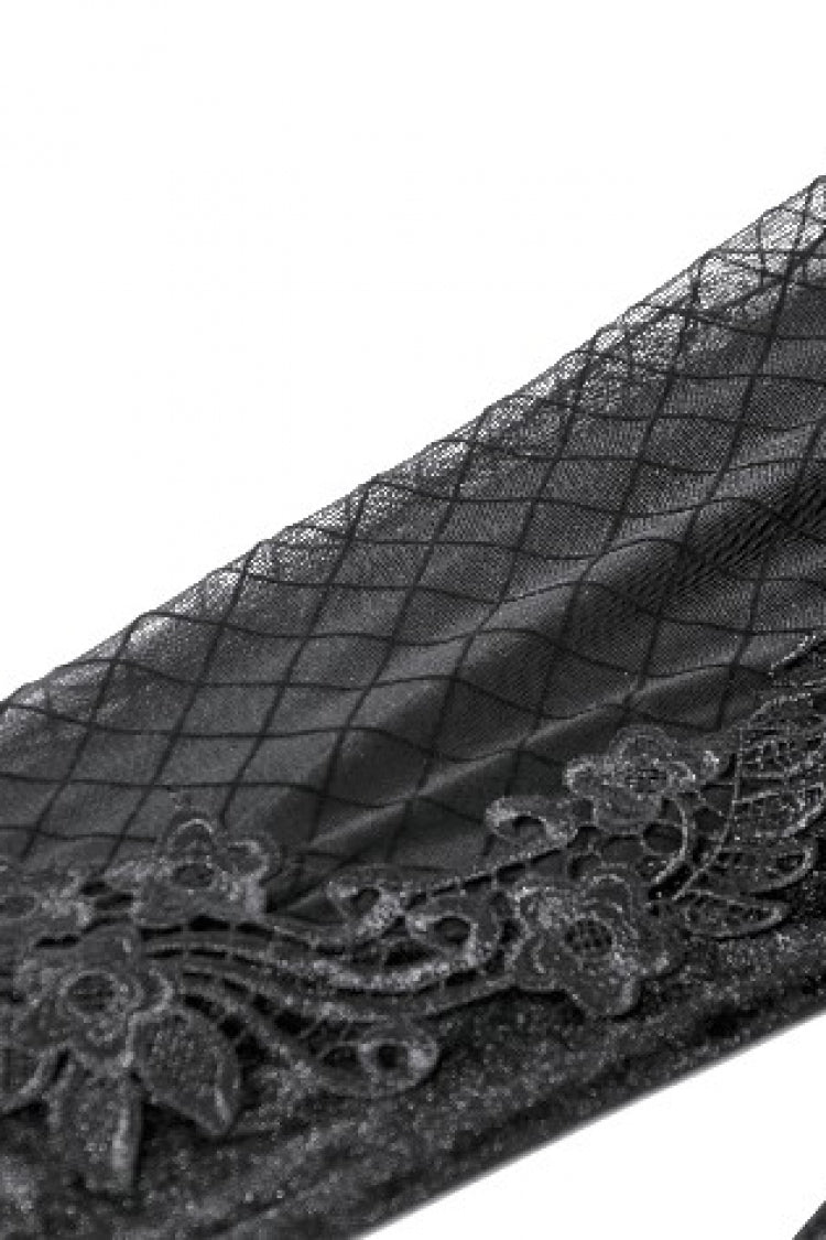 Black Women's Gothic Floral Decal Fishnet Mesh Patchwork Velvet Leggings - Product - 11