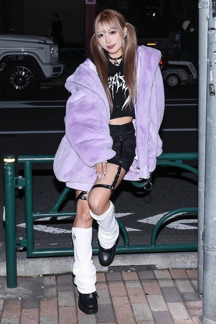 Purple Rabbit Ears Long Sleeves Hooded Punk Jirai Kei Coat - Product - 2