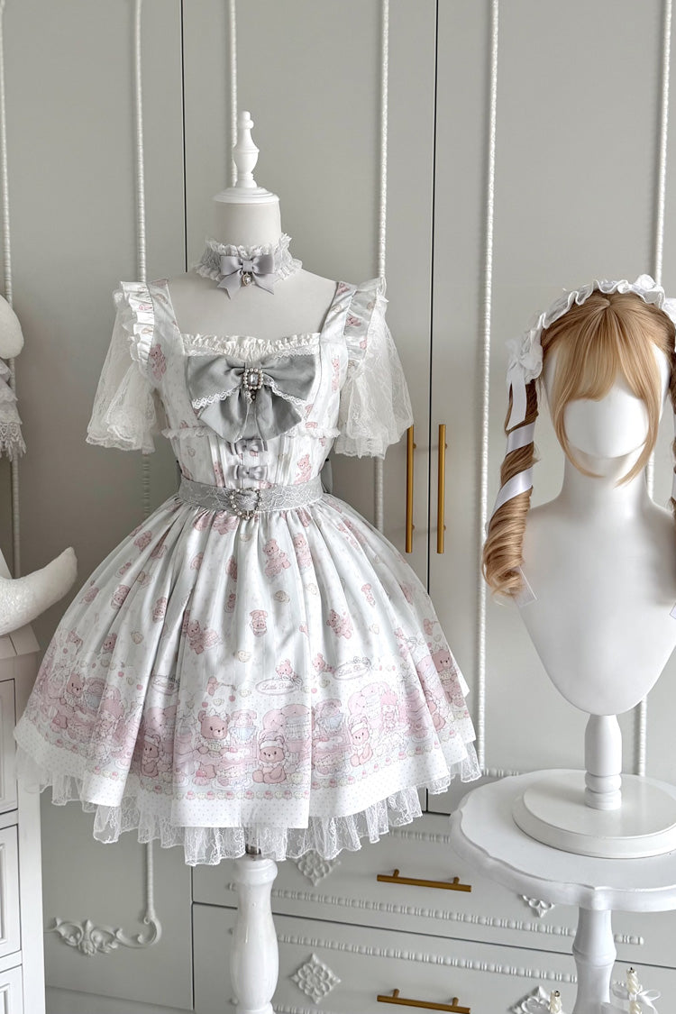 Pink/Green [Teddy Bear Party] Square Collar Short Sleeves Printed Ruffled Bow Lace Sweet Jirai Kei Japanese Dress - Product - 7