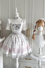 Pink/Green [Teddy Bear Party] Square Collar Short Sleeves Printed Ruffled Bow Lace Sweet Jirai Kei Japanese Dress - Product - 7