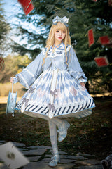Light Blue Heart Print Bowknot Sweet Princess Alice Lolita Jsk Dress - Blue - 1