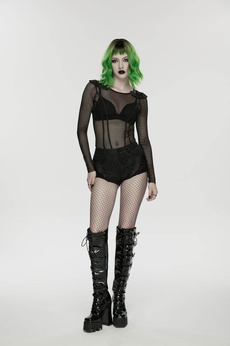 Black Low Waisted Cut-Out Irregular Eyelet Women's Punk Shorts - Product - 9