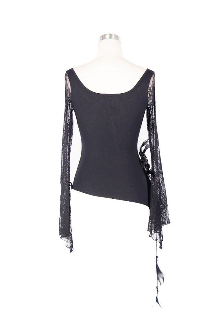 Black Front Chest Rose Decoration Flare Sleeve Irregular Lace Hem Knit Women's Gothic T-Shirt - Product - 8