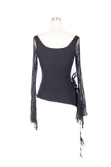 Black Front Chest Rose Decoration Flare Sleeve Irregular Lace Hem Knit Women's Gothic T-Shirt - Product - 8
