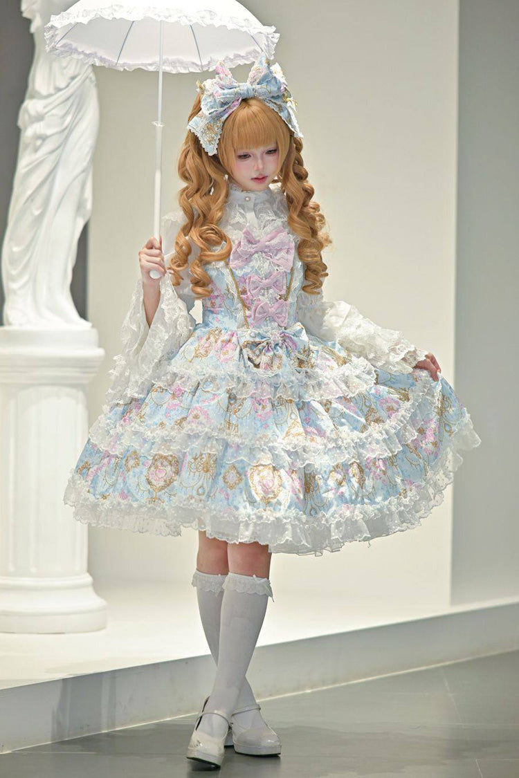 Blue [Candelabrum Elegy] Sleeveless Triple-Layered Flower Wall Printed Ruffled Bow Lace Sweet Lolita Jsk Dress - Blue - 1