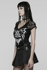 Black Short Sleeves Printed Spliced Mesh Strappy Eyelet Women's Punk T-Shirt - Product - 2