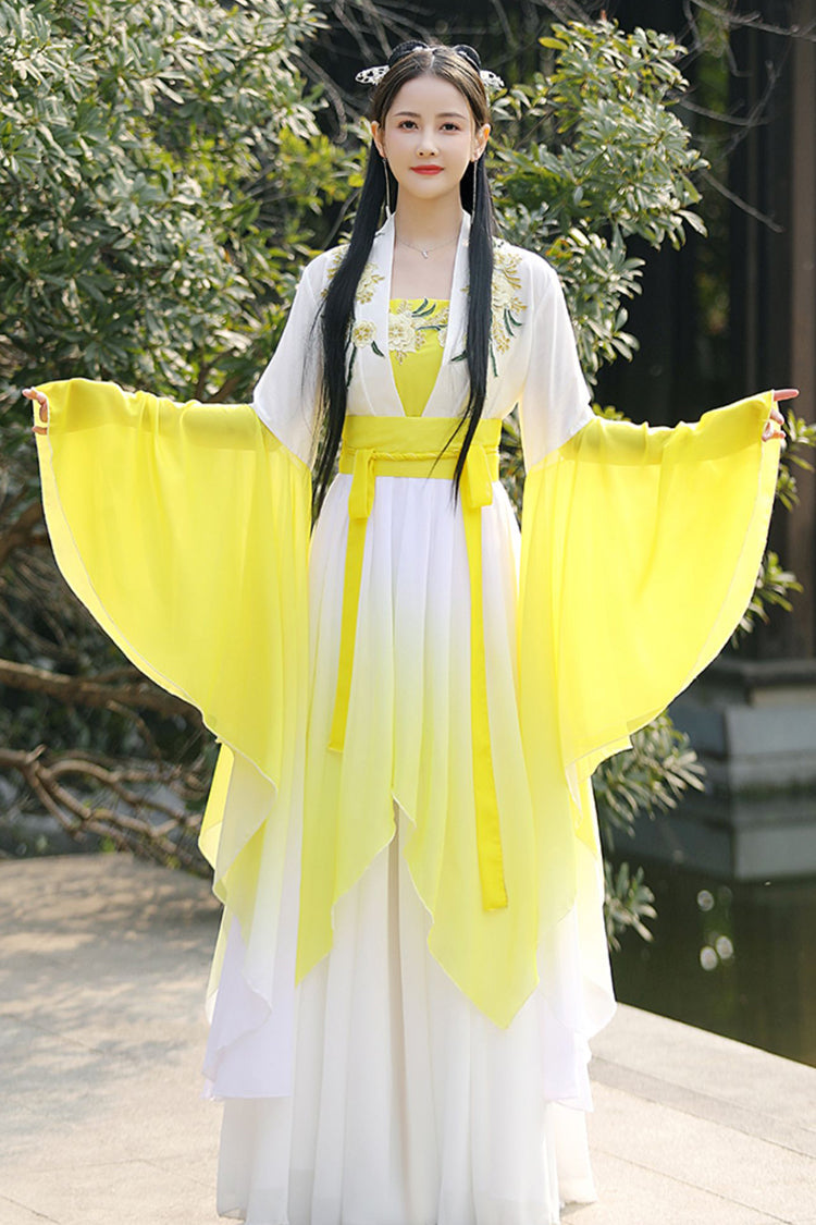 White/Yellow High Waisted Gradient Embroidery Irregular Women's Sweet Hanfu Dress Full Set - Product - 4