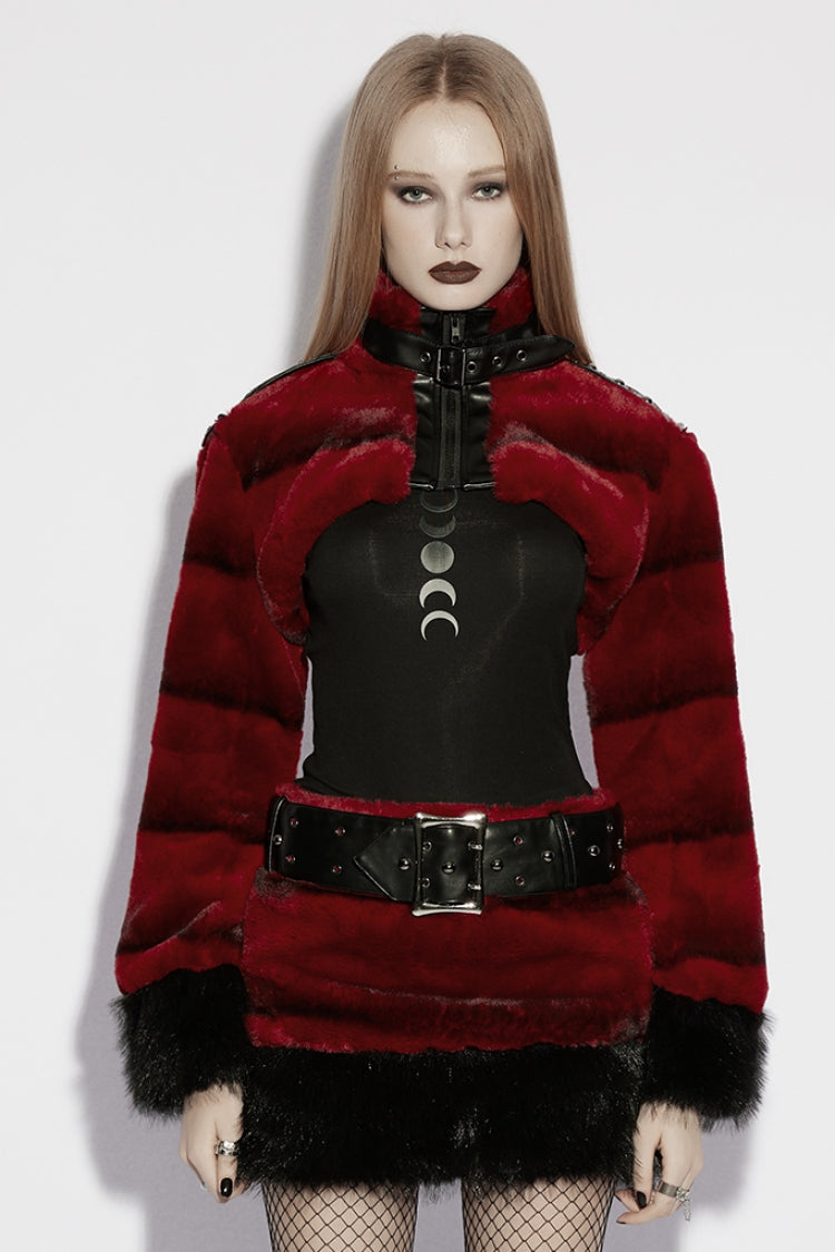 Red Stand Collar Long Sleeves Buckle Straps Faux Fur Women's Punk Short Cloak - Red - 1