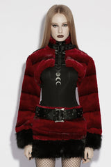 Red Stand Collar Long Sleeves Buckle Straps Faux Fur Women's Punk Short Cloak - Red - 1