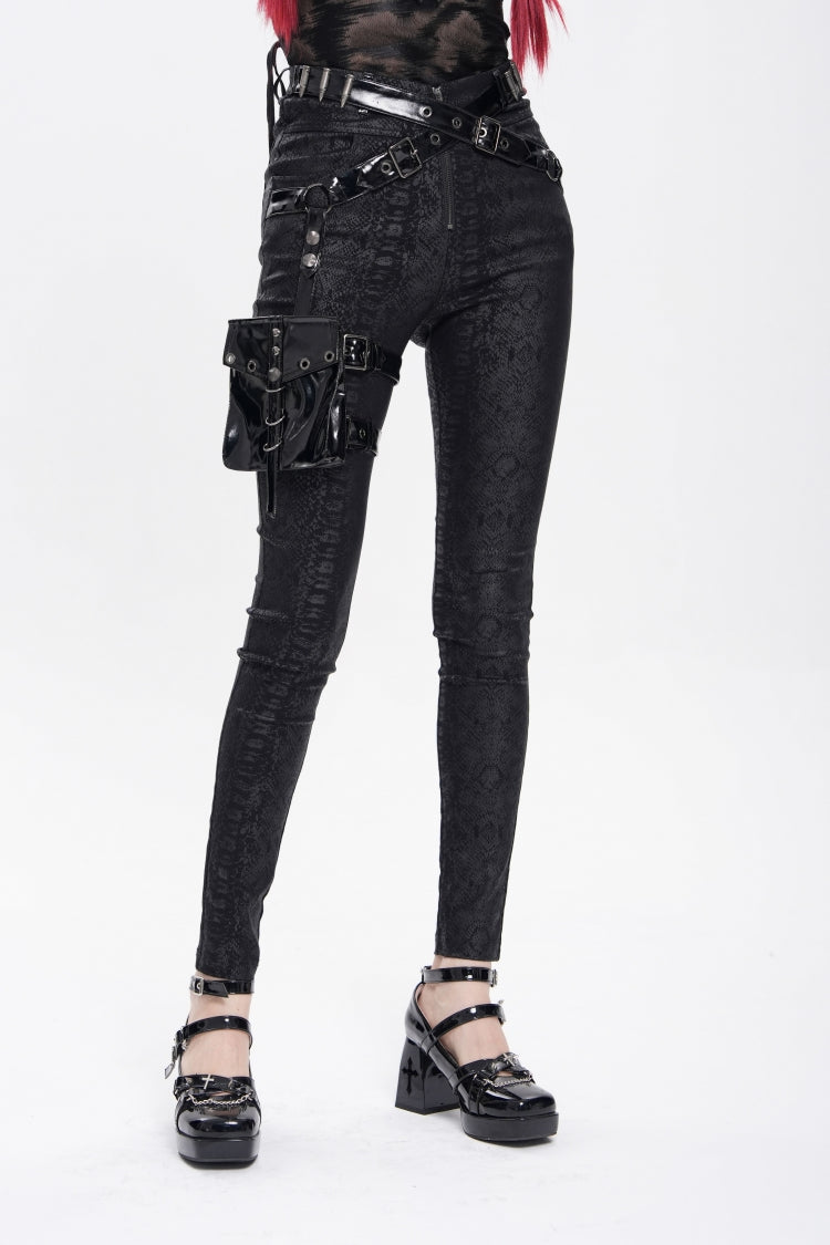 Black Print Buckle Straps Women's Punk Pants with Leg Bag - Product - 6