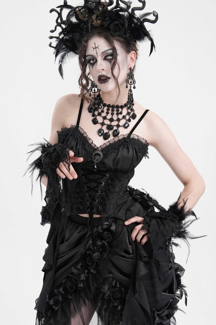 Black Lace Lace-Up Women's Gothic Overbust Corset - Product - 5