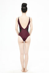 Wine Red Waist Splice Mesh Lace Up Gothic One Piece Swimsuit - Product - 11