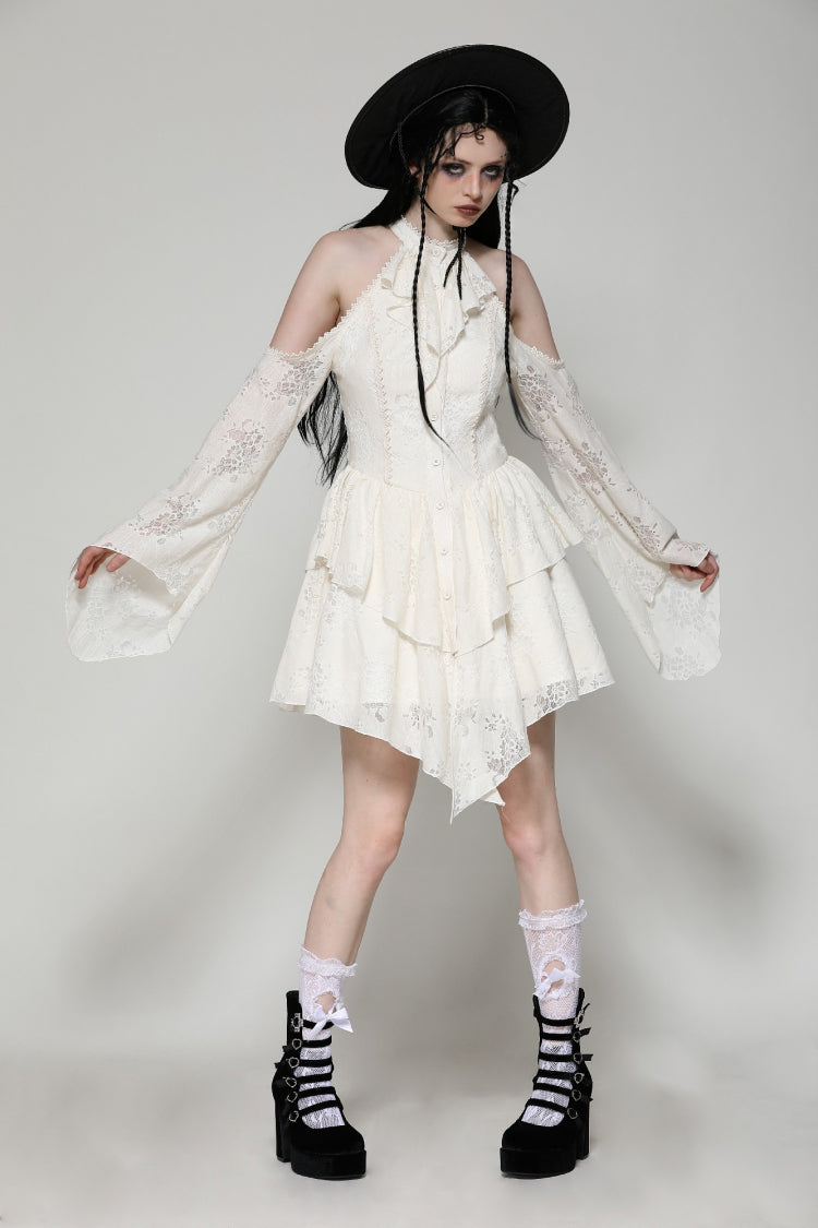 Beige Halter Off Shoulder Lapel Collar Long Flare Sleeves Lace-Up Women's Steampunk Dress - Product - 11
