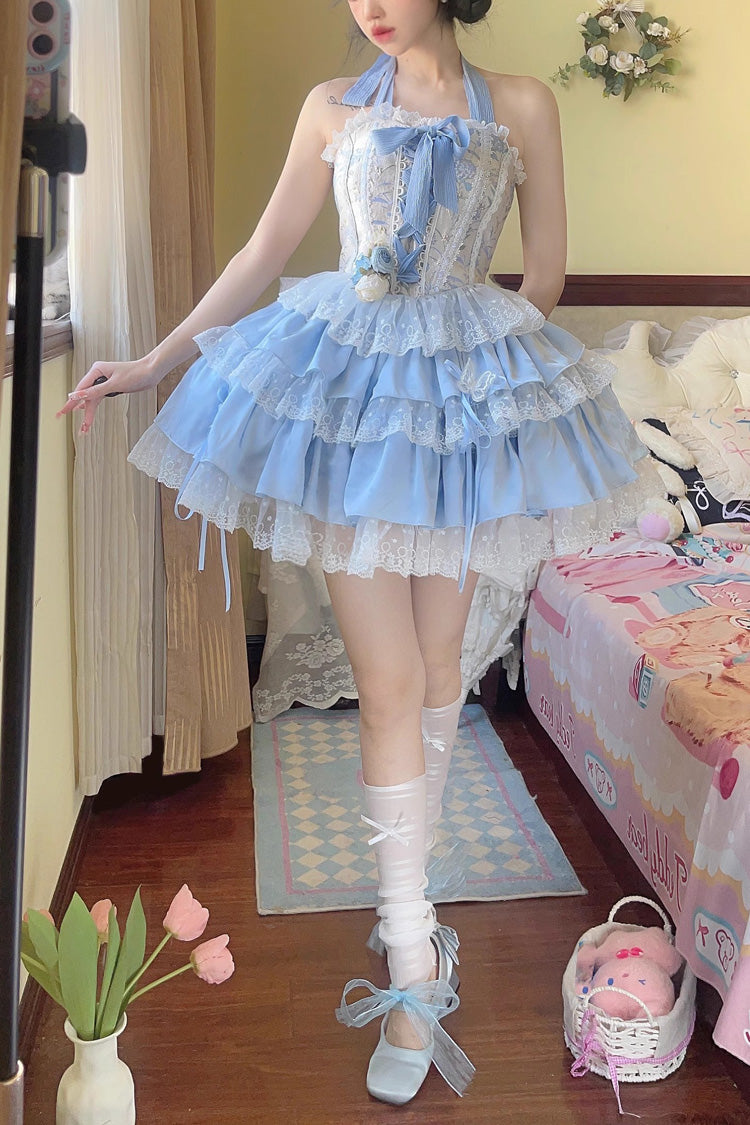 Ballet Style Fishbone Lace Multi-layer Ruffle Bowknot Sweet Lolita Jsk Skirt Set 2 Colors - Blue - 1