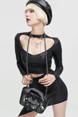 Black Punk Leather Imitation Collar Design Metal Rivet Zipper Women's Bag - Product - 4
