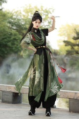 Black/Green Lapel Collar Short Sleeves Embroidered Sweet Chinese Inspired Wuxia Style Ouji Hanfu Pants Set - Black/Green(Set) - 1