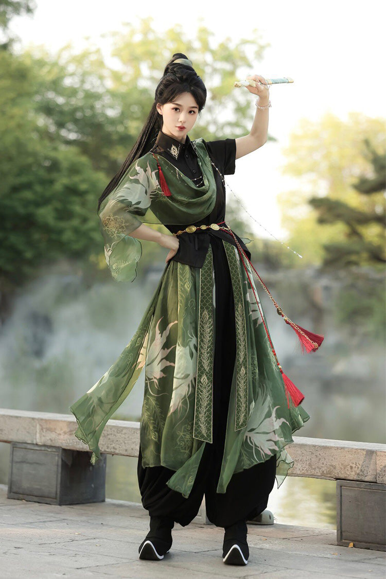 Black/Green Lapel Collar Short Sleeves Embroidered Sweet Chinese Inspired Wuxia Style Ouji Hanfu Pants Set - Black/Green(Set) - 1