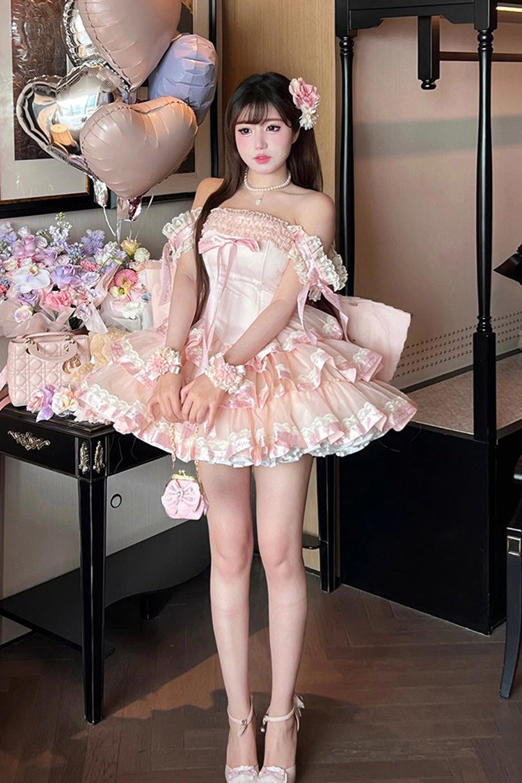 Pink [Princess Ribbon] Off Shoulder Triple-Layered Ruffle Bowknot Sweet Lolita Dress - Product - 8