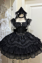 Black [Eternal Vow] Sleeveless Multi-Layered Ruffle Hanayome Bowknot Lace Lace-Up Gothic Lolita Jsk Dress - Black - 1