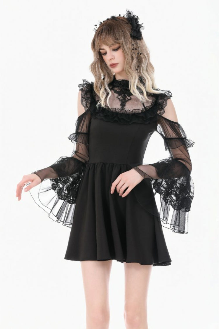 Black Cut-Out Multi-Layered Ruffled Long Trumpet Sleeves Sheer Mesh Splice Lace Lace-Up Women's Gothic Dress - Black - 1