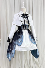 White/Blue Gradient Print Ruffle Cardigan Pearl Sweet College British Knight Style Handsome Lolita Dress Set - Product - 2