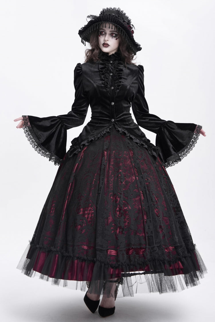 Black Stand Collar Long Trumpet Sleeves Ruffle Swallow-tailed Women's Gothic Blouse - Product - 9