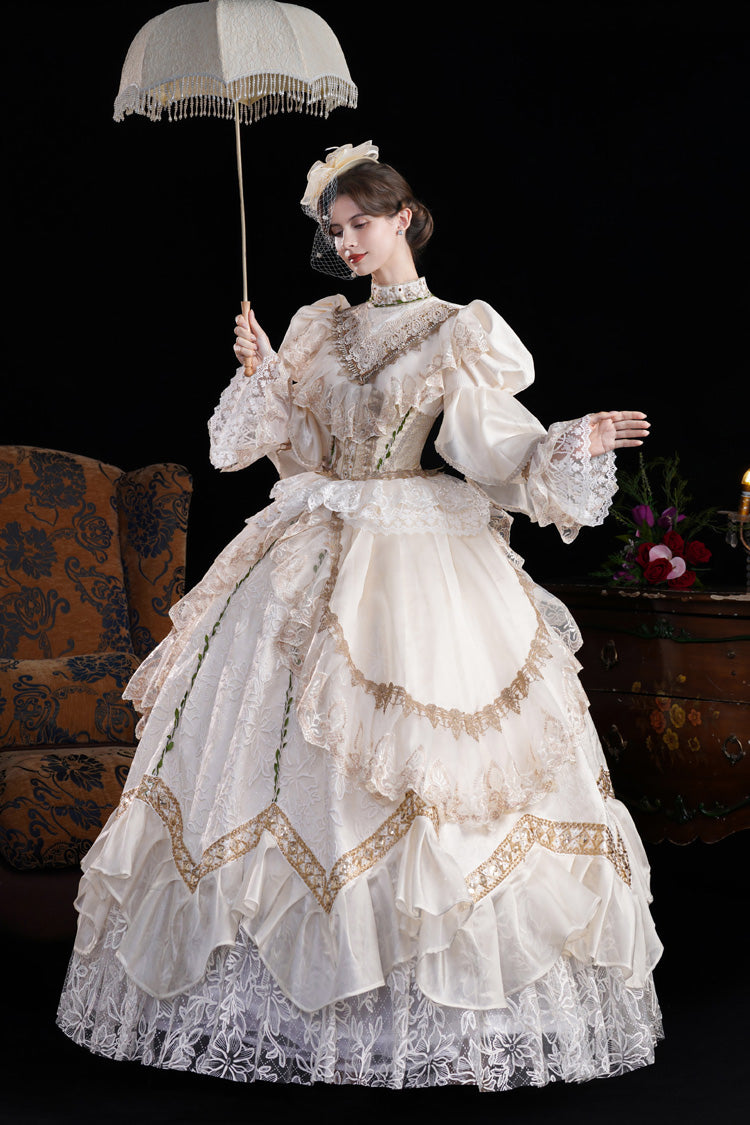 Champagne Stand Collar Long Sleeves Jacquard Wedding Style Open-Front Lace Sweet Princess Royal Lolita Victorian Dress - Product - 4