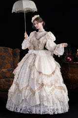 Champagne Stand Collar Long Sleeves Jacquard Wedding Style Open-Front Lace Sweet Princess Royal Lolita Victorian Dress - Product - 4